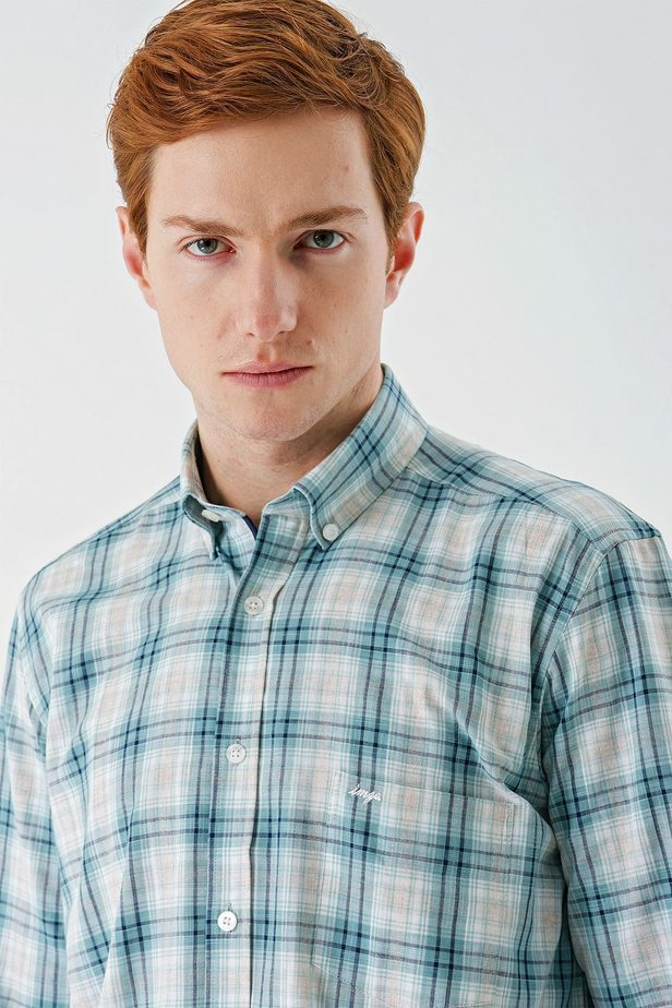 Su Yeşili Uzun Kollu Ekoseli Cepli Garnili Pamuklu Klasik Comfort Fit Rahat Kesim Gömlek 1004240194