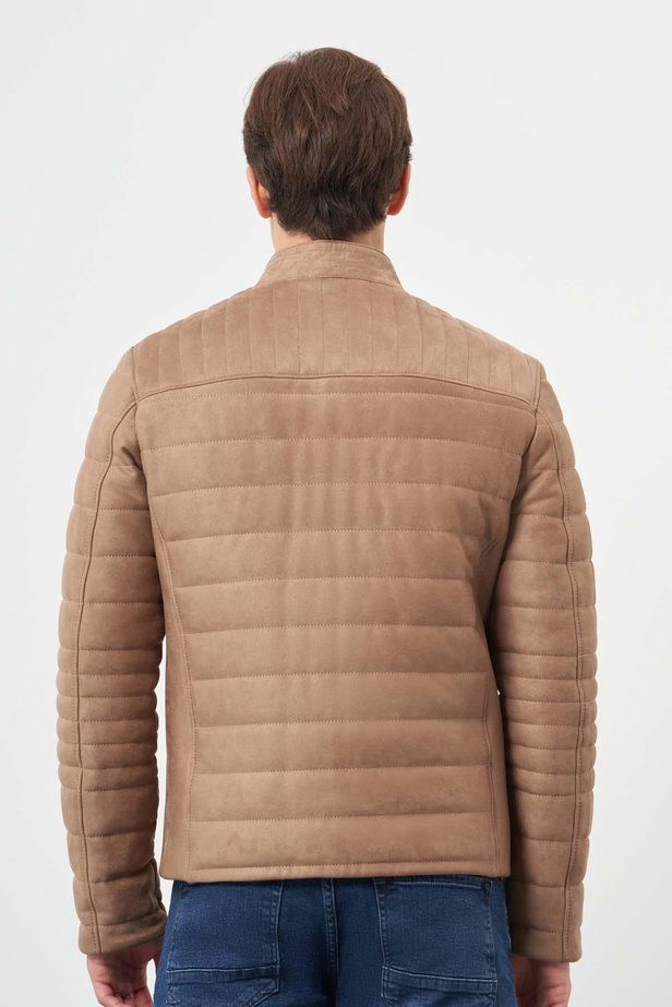 Sütlü Kahverengi Suni Deri Hakim Yaka Düz Yırtmaçsız Tam Astar Slim Fit Casual Deri Mont 1038245150