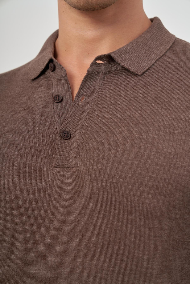 Sütlü Kahverengi Uzun Kol Düz Örme Polo Yaka Classic Comfort Fit Triko 1012245007