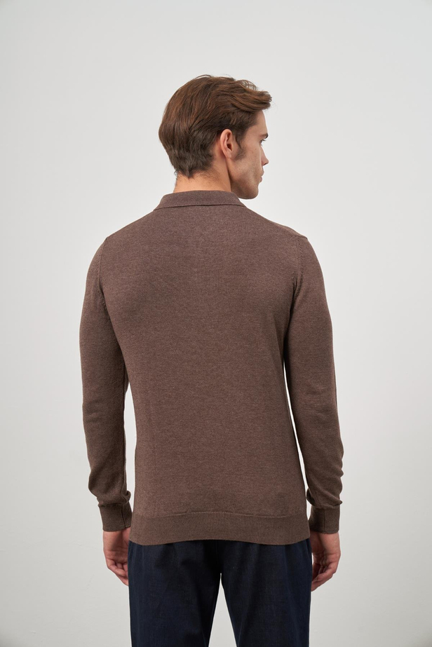 Sütlü Kahverengi Uzun Kol Düz Örme Polo Yaka Classic Comfort Fit Triko 1012245007