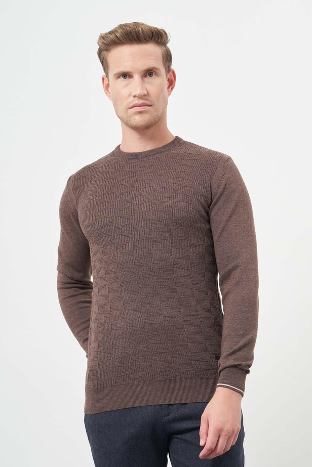 Sütlü Kahverengi Uzun Kol Kendinden Desenli Örme Bisiklet Yaka Classic Slim Fit Triko 1012245200
