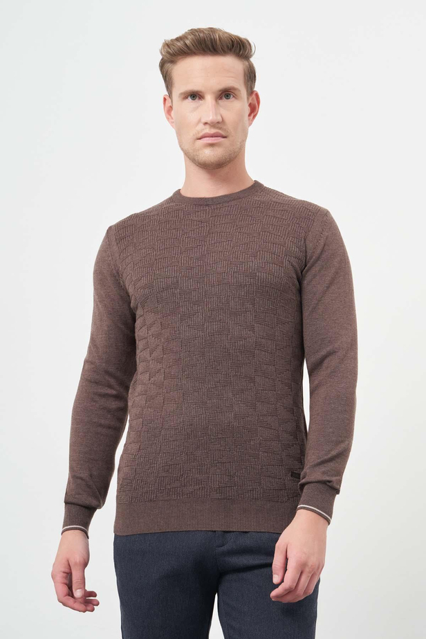 Sütlü Kahverengi Uzun Kol Kendinden Desenli Örme Bisiklet Yaka Classic Slim Fit Triko 1012245200