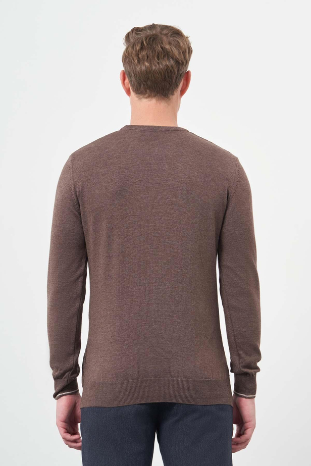 Sütlü Kahverengi Uzun Kol Kendinden Desenli Örme Bisiklet Yaka Classic Slim Fit Triko 1012245200