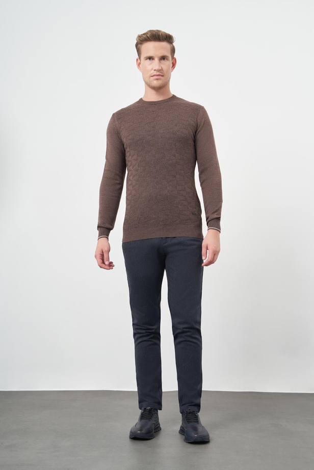 Sütlü Kahverengi Uzun Kol Kendinden Desenli Örme Bisiklet Yaka Classic Slim Fit Triko 1012245200