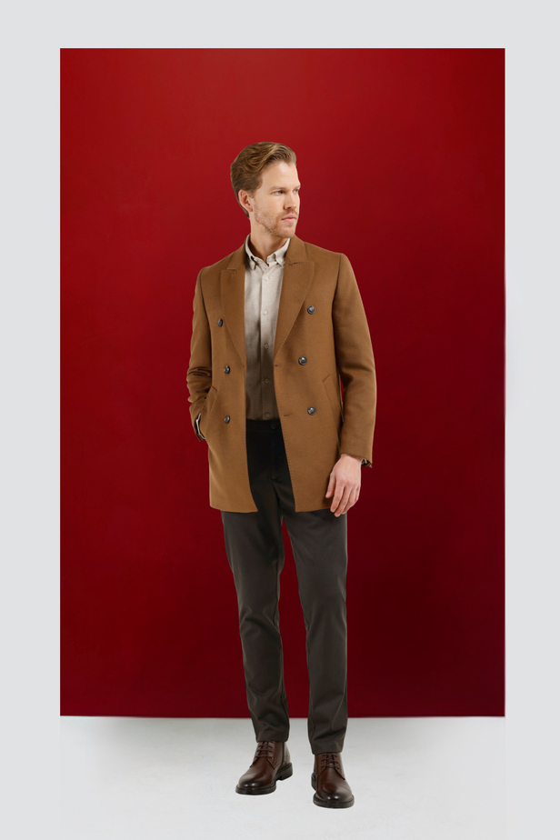 Taba Kılıç Yaka Classic Slim Fit Kruvaze Kaban 1008255102