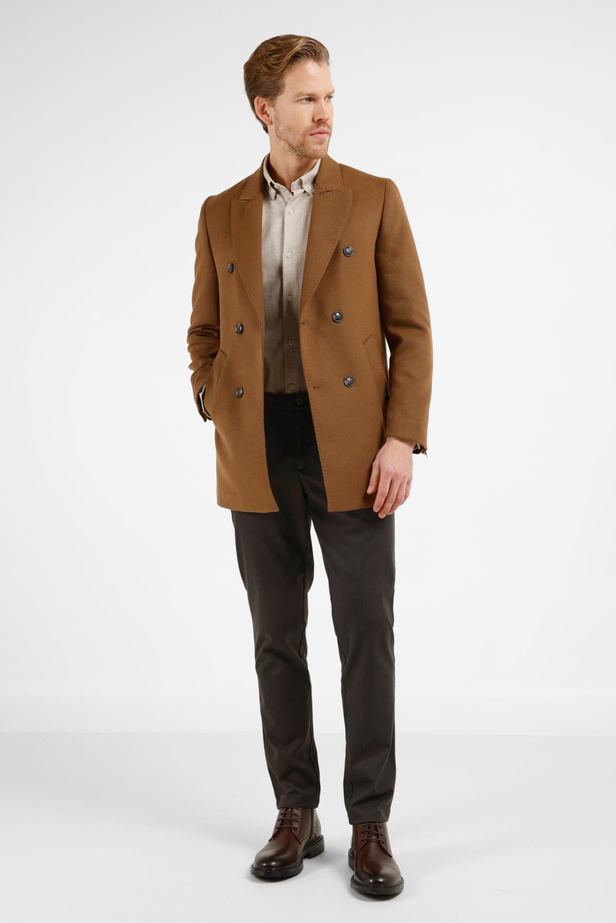 Taba Kılıç Yaka Classic Slim Fit Kruvaze Kaban 1008255102