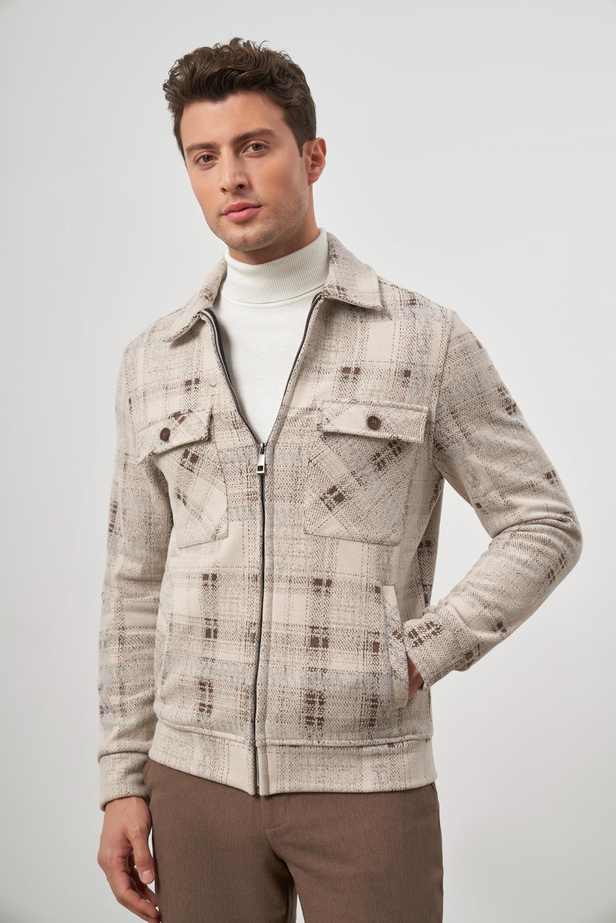 Taba Örme Bebe Yaka Kendinden Desenli Yırtmaçsız Astarsız Slim Fit Classic Mont 1007245157