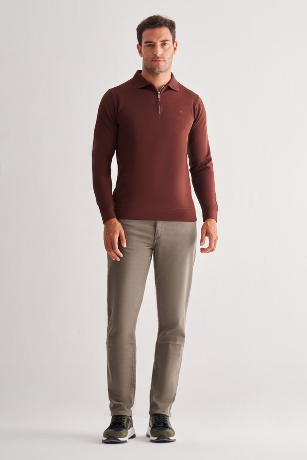 Taba Uzun Kol Fermuarlı Yaka Cepsiz  Slim Fit  Triko 1012255150