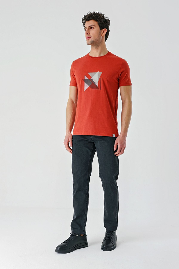 Tarçın Baskılı Bez Ayağı Bisiklet Yaka %100 Pamuk Casual Slim Fit Dar Kesim Tişört 1011240168