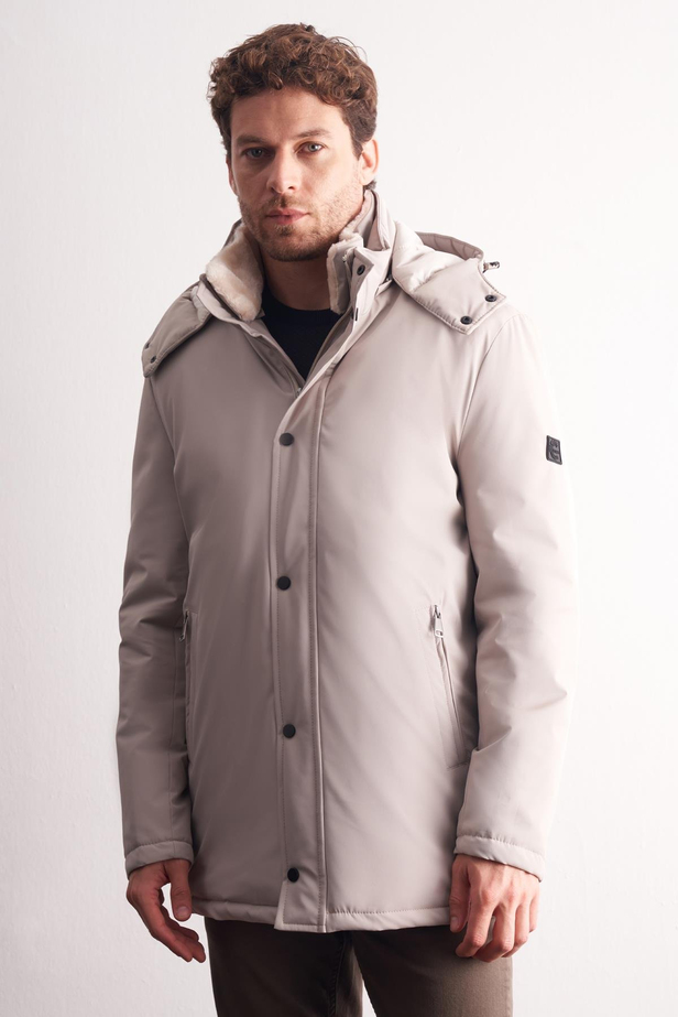 Taş Rengi Çıkma Kapşonlu Dik Yaka Yırtmaçsız Esnek Classic Kaban 1008255165