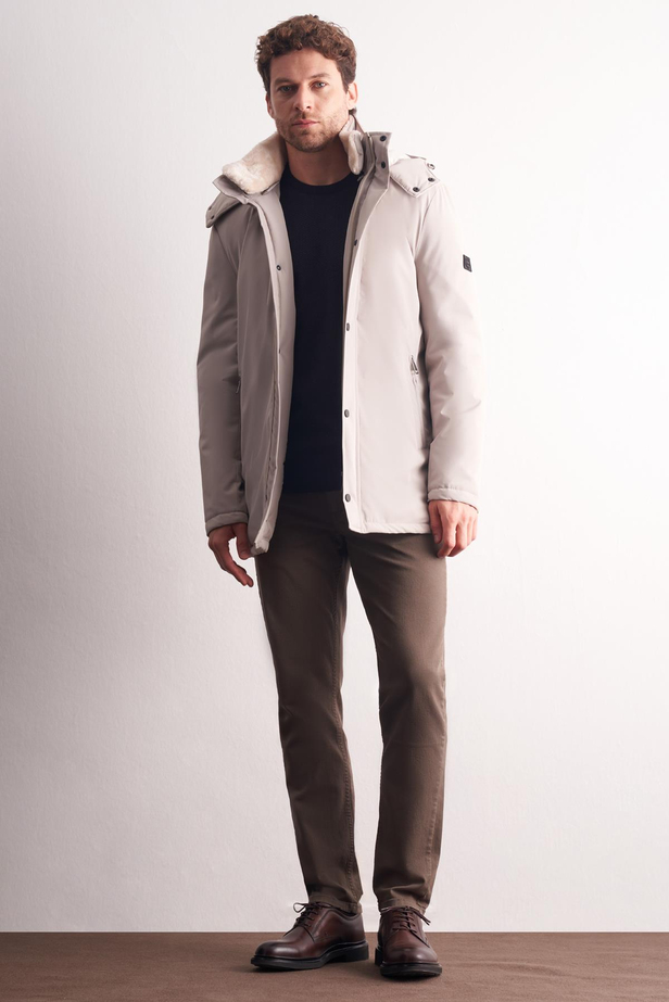 Taş Rengi Çıkma Kapşonlu Dik Yaka Yırtmaçsız Esnek Classic Kaban 1008255165