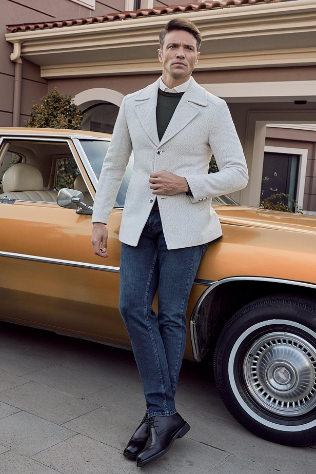 Taş Rengi Kaşe Kırlangıç Yaka Desenli Astarlı Slim Fit Dar Kesim Klasik Mont 1007245150