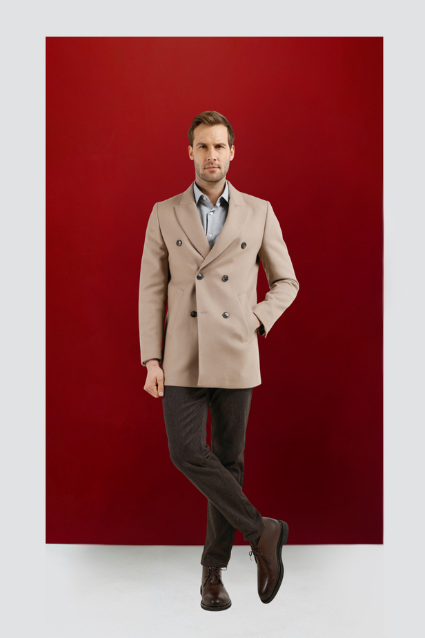 Taş Rengi Kılıç Yaka Classic Slim Fit Kruvaze Kaban 1008255102