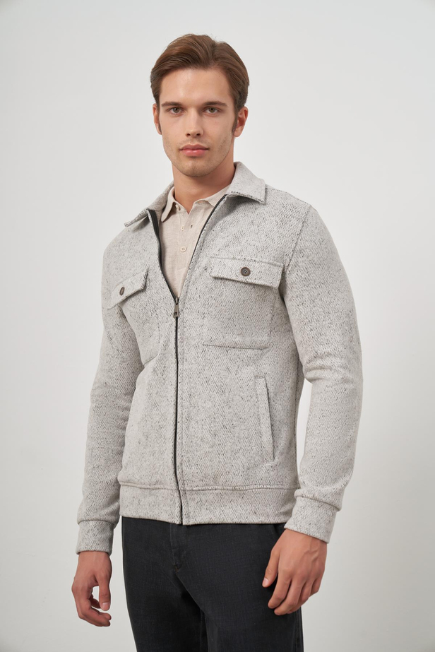 Taş Rengi Örme Bebe Yaka Kendinden Desenli Yırtmaçsız Astarsız Slim Fit Classic Mont 1007245156