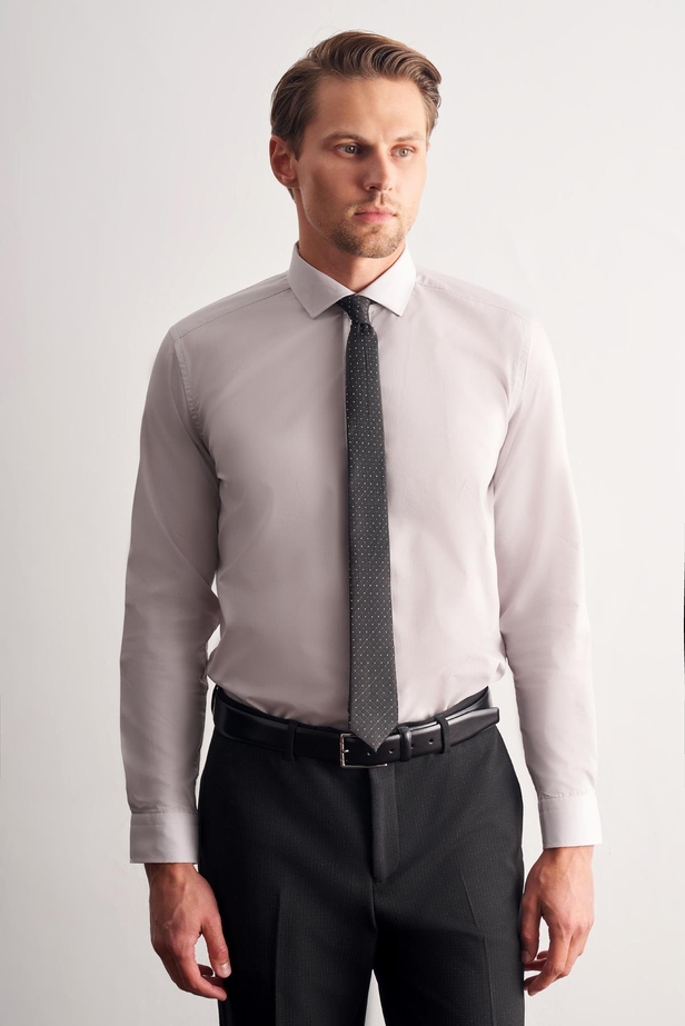 Taş Rengi Yarım İtalyan Yaka Uzun Kol Easy To Iron Slim Fit Pamuklu Gömlek 1004255301