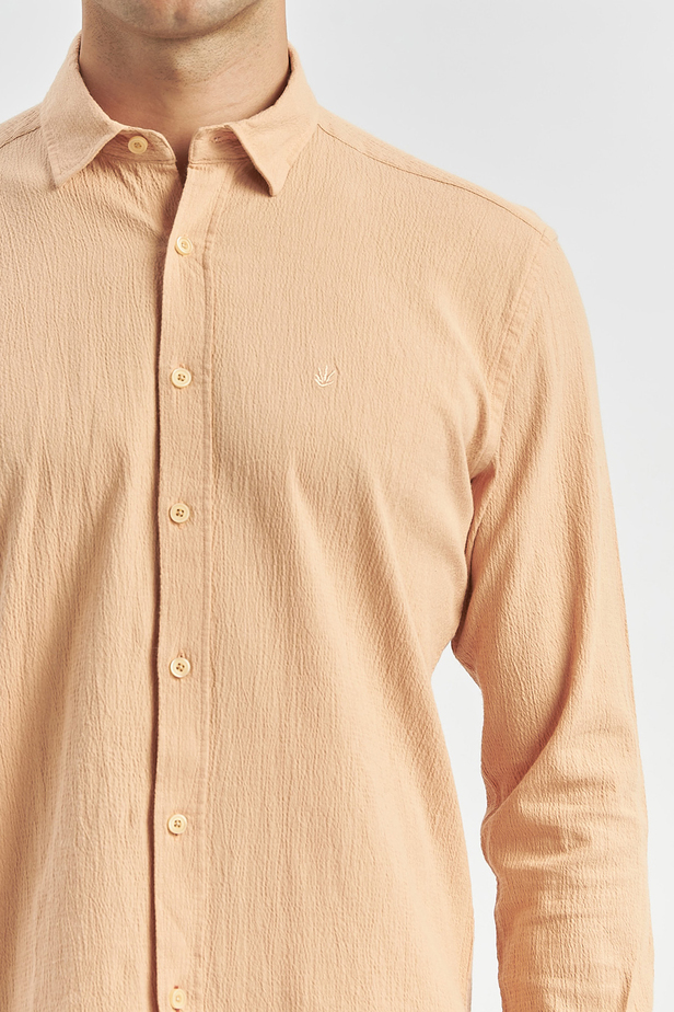 Turuncu Uzun Kollu Gofreli Biyeli %100 Pamuk Casual Slim Fit Dar Kesim Gömlek 1004240247