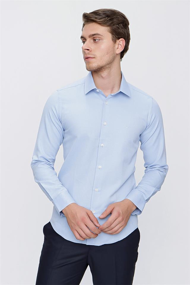 Uzun Kol Armürlü Sert Yaka Cepsiz Pamuklu Slim Fit Dar Kesim Klasik Gömlek 1004220172-S