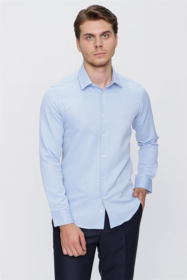 Uzun Kol Armürlü Sert Yaka Cepsiz Pamuklu Slim Fit Dar Kesim Klasik Gömlek 1004220172-S
