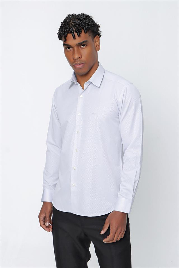 Uzun Kol Armürlü Sert Yaka Cepsiz Pamuklu Slim Fit Dar Kesim Klasik Gömlek 1004225151-S