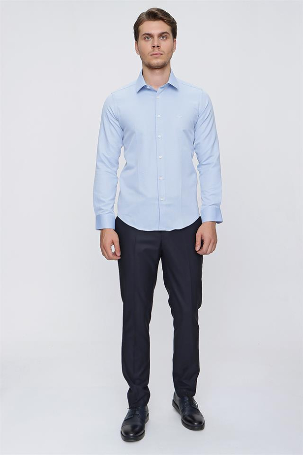 Uzun Kol Armürlü Sert Yaka Cepsiz Pamuklu Slim Fit Dar Kesim Klasik Gömlek 1004220172-S