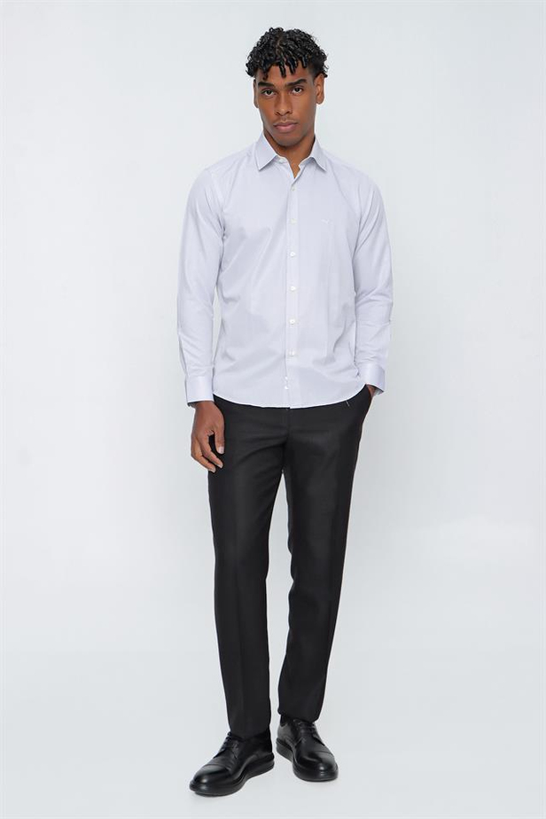 Uzun Kol Armürlü Sert Yaka Cepsiz Pamuklu Slim Fit Dar Kesim Klasik Gömlek 1004225151-S