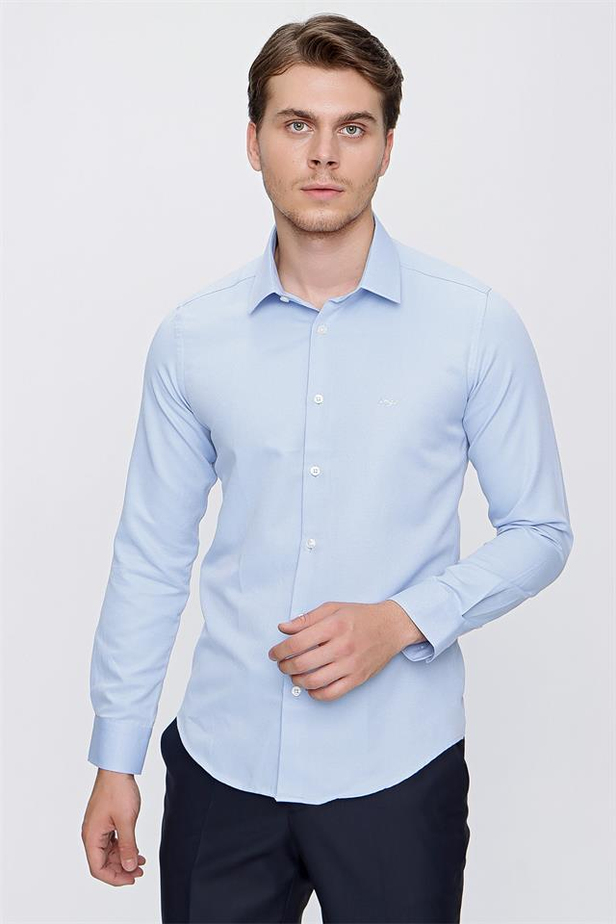 Uzun Kol Armürlü Sert Yaka Cepsiz Pamuklu Slim Fit Dar Kesim Klasik Gömlek 1004220172-S