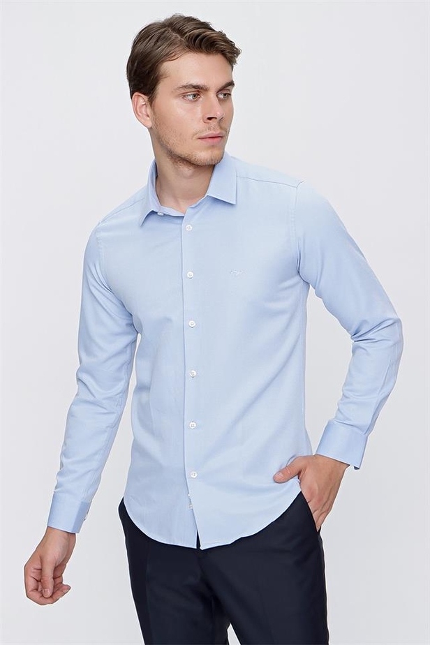 Uzun Kol Armürlü Sert Yaka Cepsiz Pamuklu Slim Fit Dar Kesim Klasik Gömlek 1004220172-S