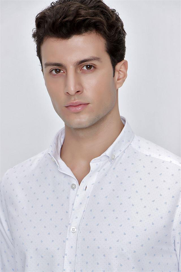 Uzun Kol Baskılı Armürlü Gömlek Yaka Cepsiz Klasik Slim Fit Dar Kesim Pamuklu Gömlek 1004225225-S