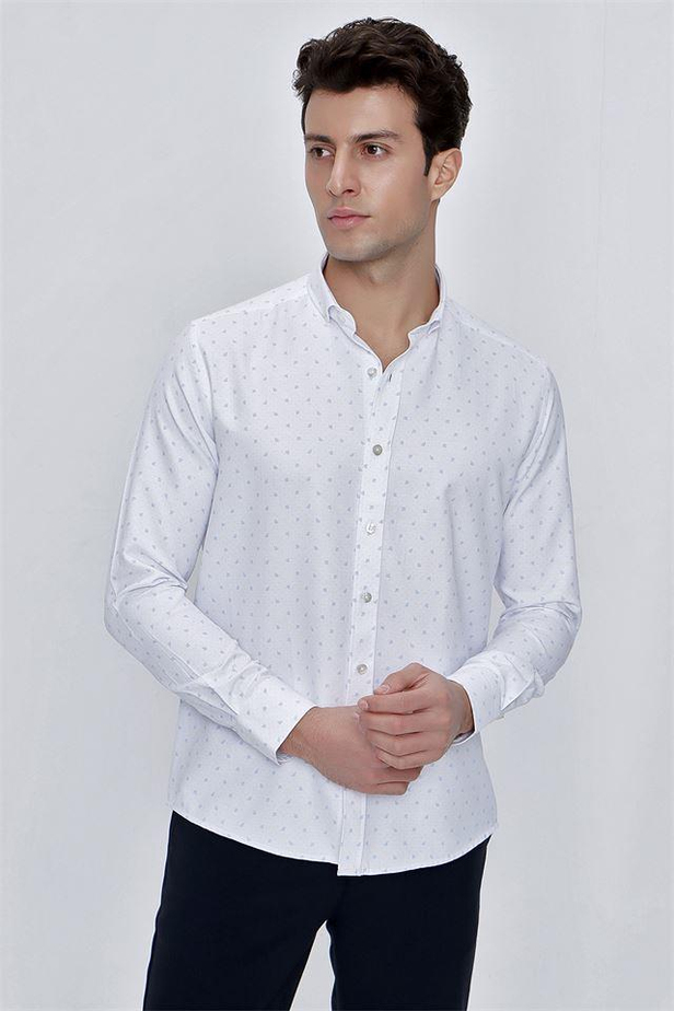 Uzun Kol Baskılı Armürlü Gömlek Yaka Cepsiz Klasik Slim Fit Dar Kesim Pamuklu Gömlek 1004225225-S
