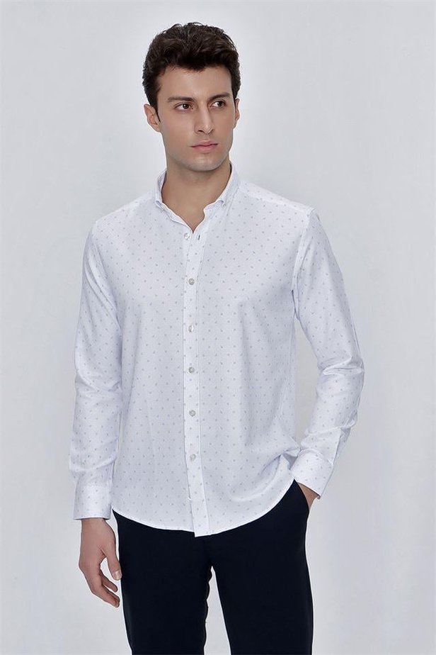 Uzun Kol Baskılı Armürlü Gömlek Yaka Cepsiz Klasik Slim Fit Dar Kesim Pamuklu Gömlek 1004225225-S