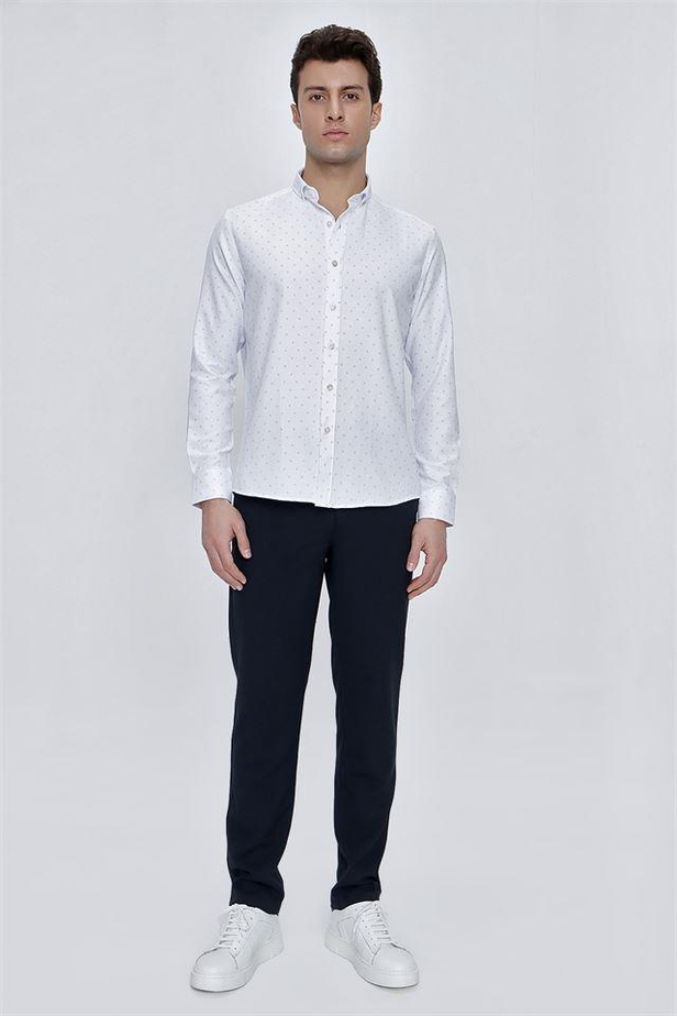 Uzun Kol Baskılı Armürlü Gömlek Yaka Cepsiz Klasik Slim Fit Dar Kesim Pamuklu Gömlek 1004225225-S