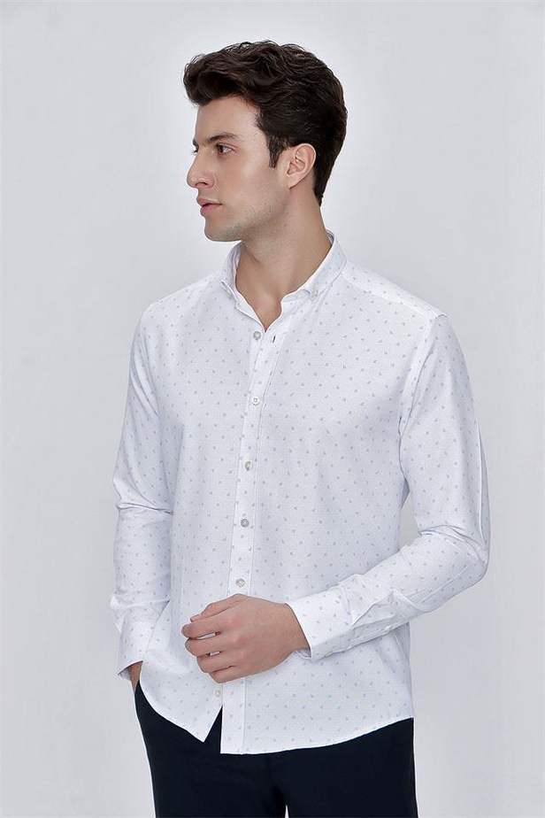 Uzun Kol Baskılı Armürlü Gömlek Yaka Cepsiz Klasik Slim Fit Dar Kesim Pamuklu Gömlek 1004225225-S