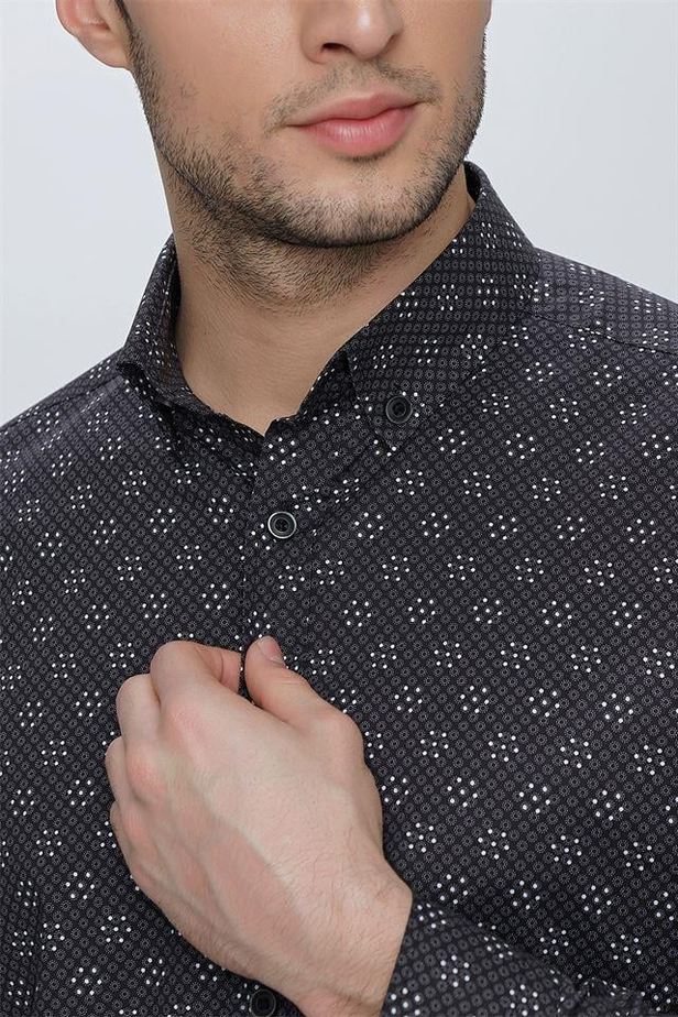 Uzun Kol Baskılı Bez Ayağı Düğmeli Yaka Cepsiz Klasik Slim Fit Dar Kesim Pamuklu Likralı Gömlek 1004225244-S
