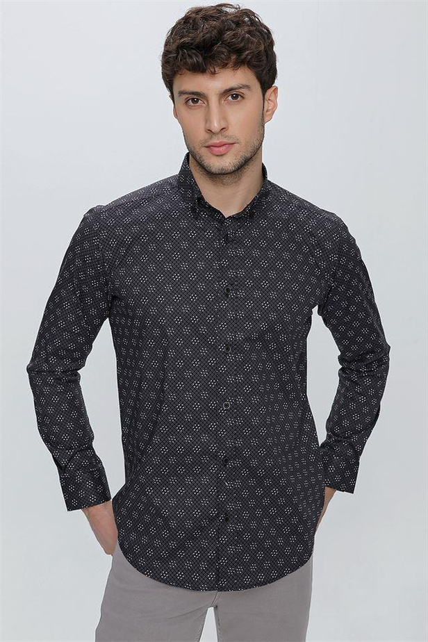 Uzun Kol Baskılı Bez Ayağı Düğmeli Yaka Cepsiz Klasik Slim Fit Dar Kesim Pamuklu Likralı Gömlek 1004225244-S