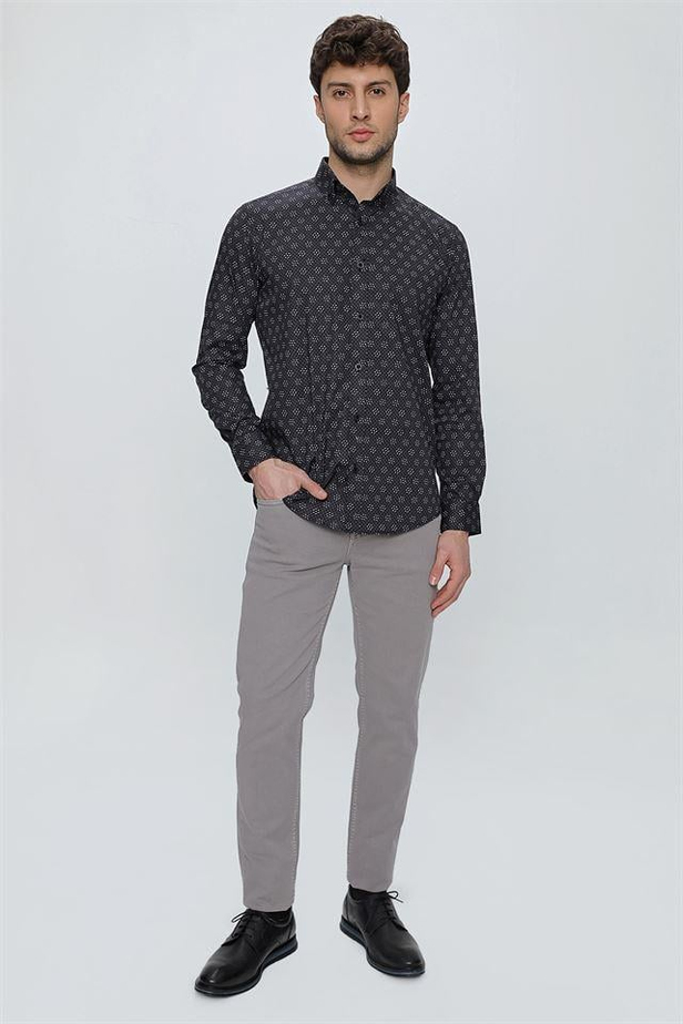 Uzun Kol Baskılı Bez Ayağı Düğmeli Yaka Cepsiz Klasik Slim Fit Dar Kesim Pamuklu Likralı Gömlek 1004225244-S