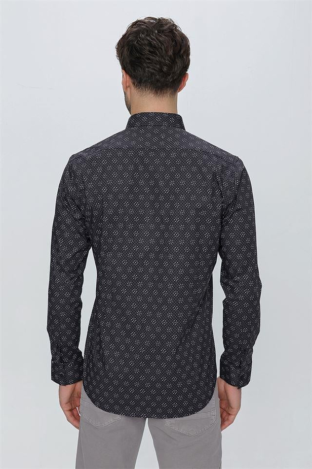 Uzun Kol Baskılı Bez Ayağı Düğmeli Yaka Cepsiz Klasik Slim Fit Dar Kesim Pamuklu Likralı Gömlek 1004225244-S