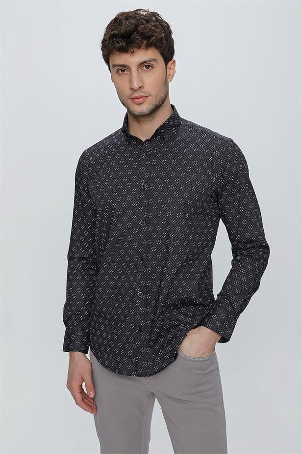 Uzun Kol Baskılı Bez Ayağı Düğmeli Yaka Cepsiz Klasik Slim Fit Dar Kesim Pamuklu Likralı Gömlek 1004225244-S