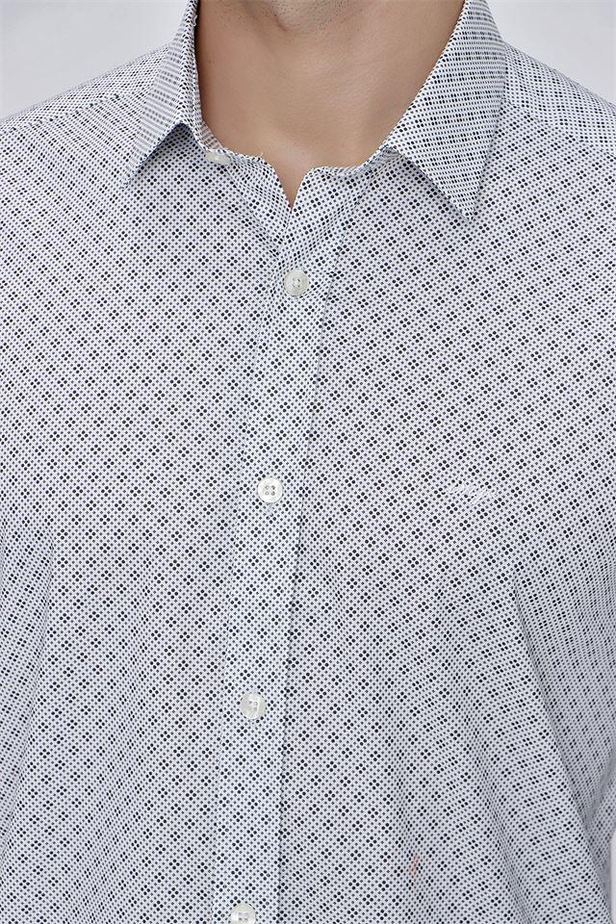 Uzun Kol Baskılı Bez Ayağı Sert Yaka Cepsiz Klasik Slim Fit Dar Kesim Pamuklu Likralı Gömlek 1004225212-S