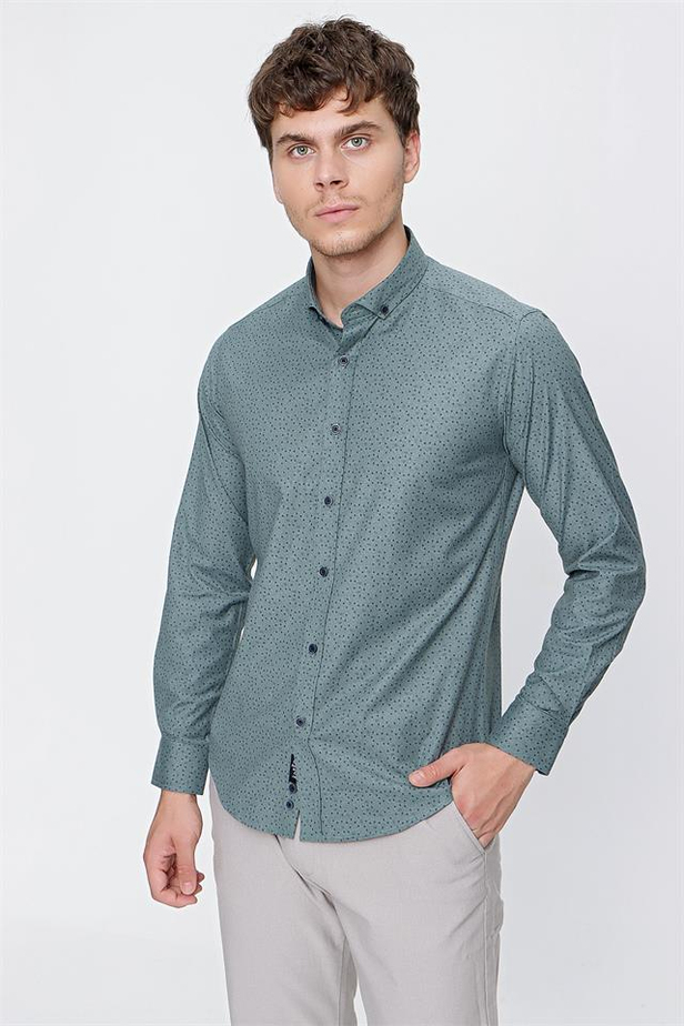 Uzun Kol Baskılı Cepsiz Slim Fit Dar Kesim Klasik Gömlek 1004220276-S