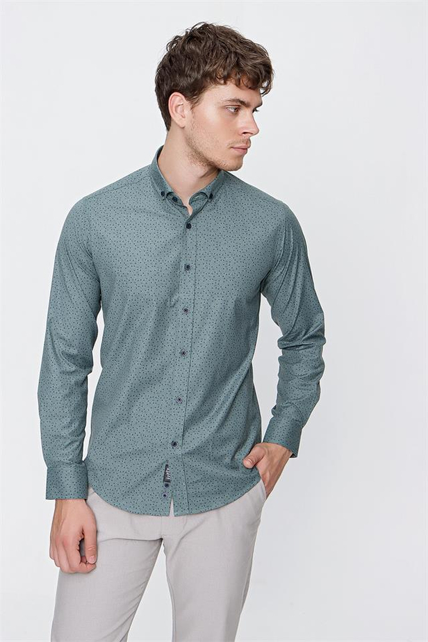 Uzun Kol Baskılı Cepsiz Slim Fit Dar Kesim Klasik Gömlek 1004220276-S