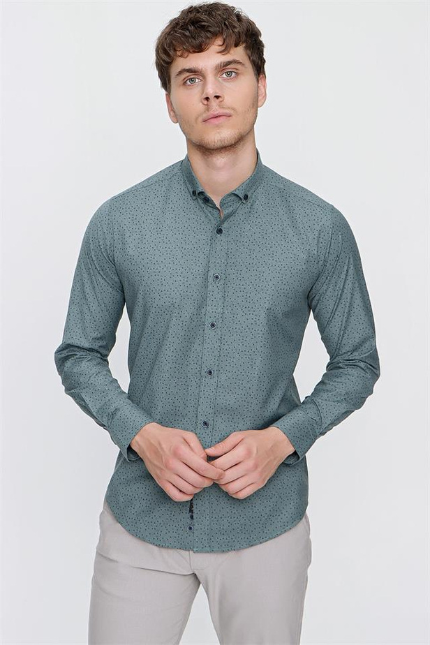 Uzun Kol Baskılı Cepsiz Slim Fit Dar Kesim Klasik Gömlek 1004220276-S