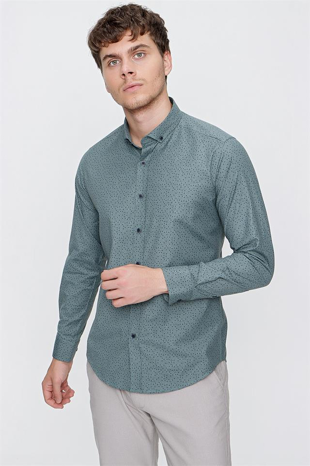 Uzun Kol Baskılı Cepsiz Slim Fit Dar Kesim Klasik Gömlek 1004220276-S