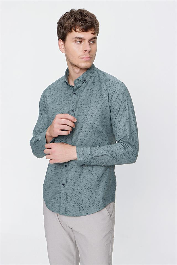 Uzun Kol Baskılı Cepsiz Slim Fit Dar Kesim Klasik Gömlek 1004220276-S