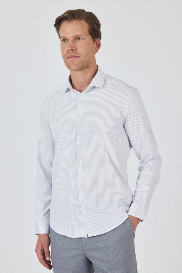Uzun Kol Çizgili Desen Bez Ayağı İtalyan Yaka Cepsiz Esnek Classic Slim Fit Gömlek 1004250202