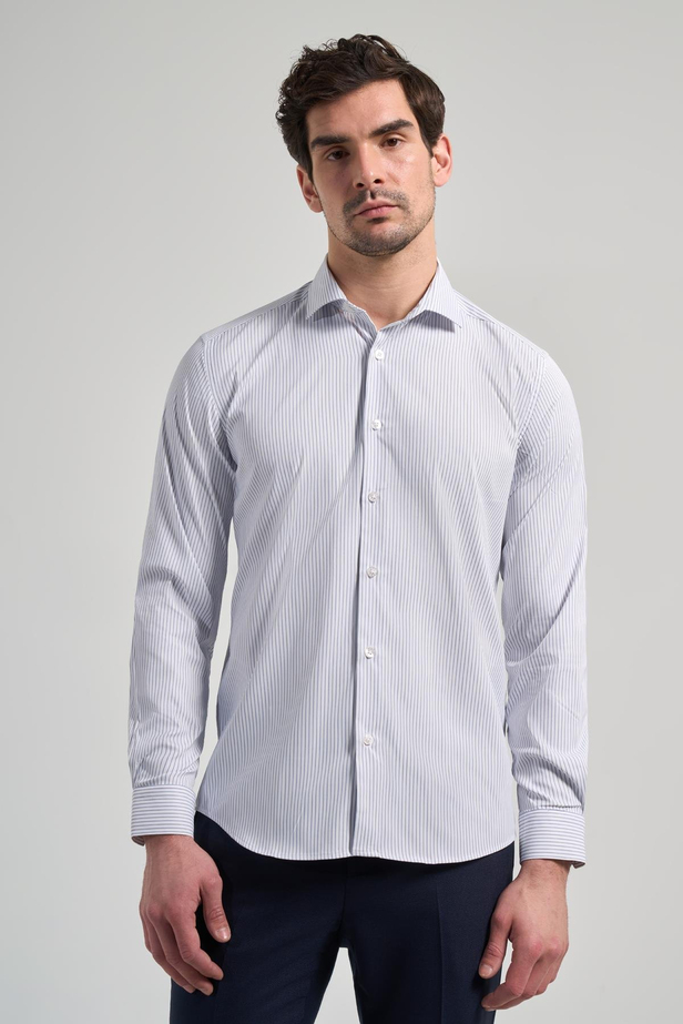 Uzun Kol Çizgili Desen Bez Ayağı İtalyan Yaka Cepsiz Esnek Classic Slim Fit Gömlek 1004250201