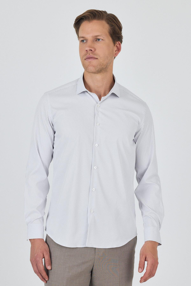 Uzun Kol Çizgili Desen Bez Ayağı İtalyan Yaka Cepsiz Esnek Classic Slim Fit Gömlek 1004250202