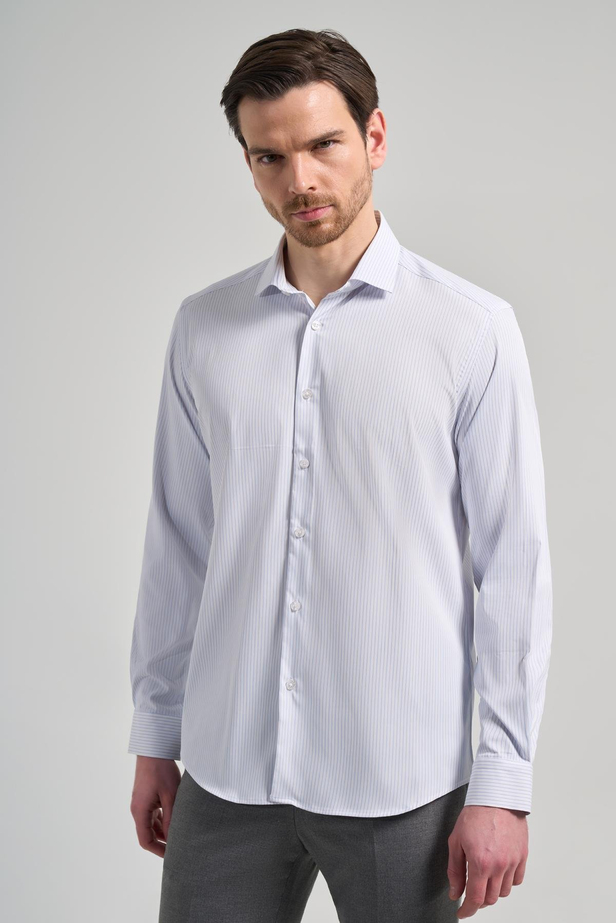 Uzun Kol Çizgili Desen Bez Ayağı İtalyan Yaka Cepsiz Esnek Classic Slim Fit Gömlek 1004250201
