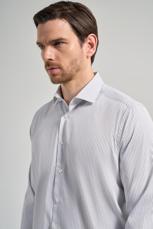 Uzun Kol Çizgili Desen Bez Ayağı İtalyan Yaka Cepsiz Esnek Classic Slim Fit Gömlek 1004250201