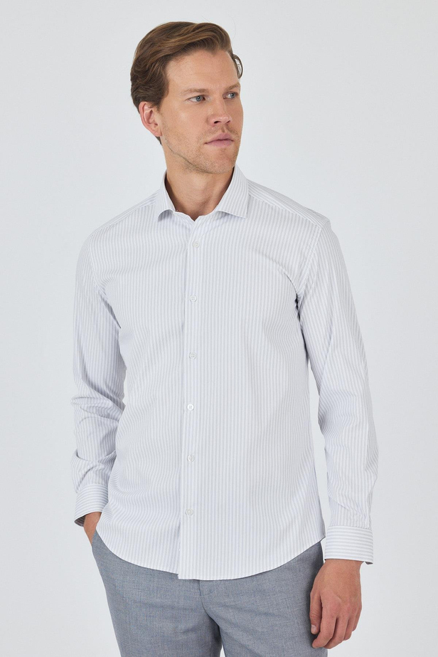Uzun Kol Çizgili Desen Bez Ayağı Sert Yaka Cepsiz Esnek Classic Slim Fit Gömlek 1004250159