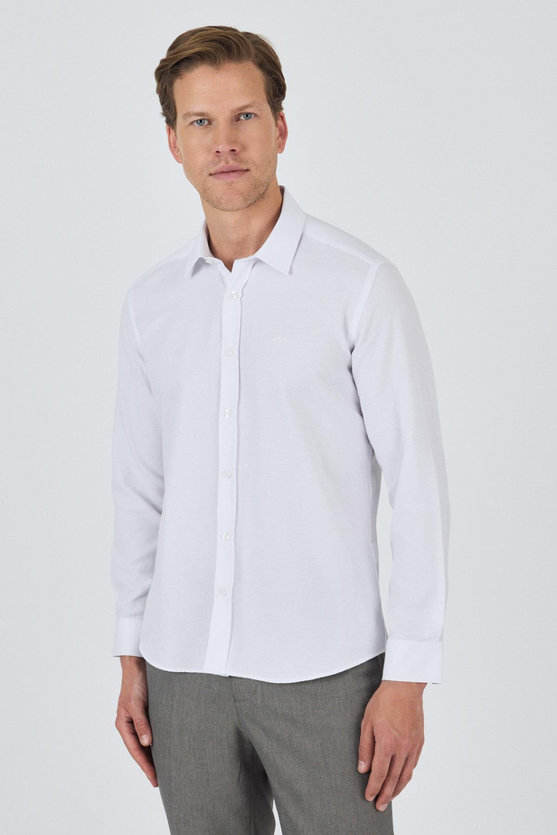 Uzun Kol Desenli Armürlü Sert Yaka Cepsiz Pamuklu Classic Slim Fit Gömlek 1004250191